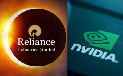 This image depicts the Reliance Industries logo on the left and the Nvidia logo on the right