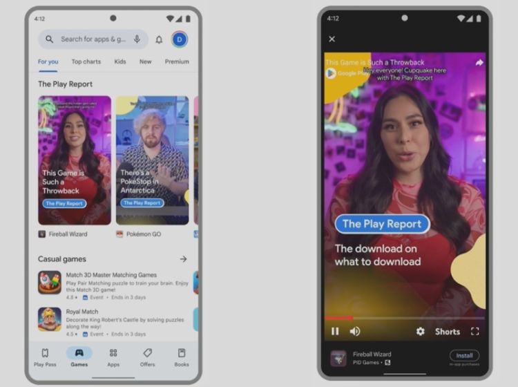 This image depicts the placement of the short videos in the homepage of the Play Store and a snippet from a short video