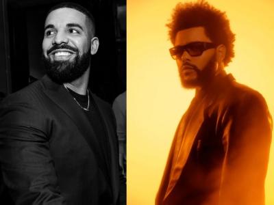 This image features Drake on the left side and the Weeknd on the right side