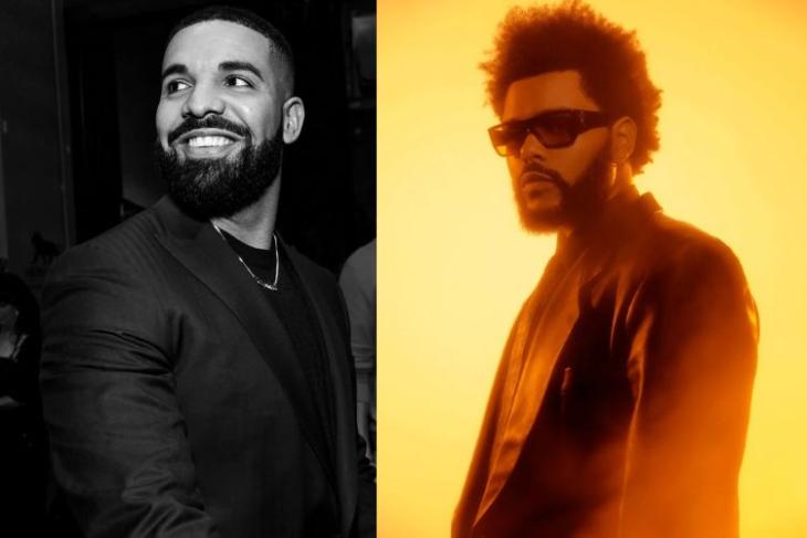 Cette image présente Drake sur le côté gauche et Weeknd sur le côté droit