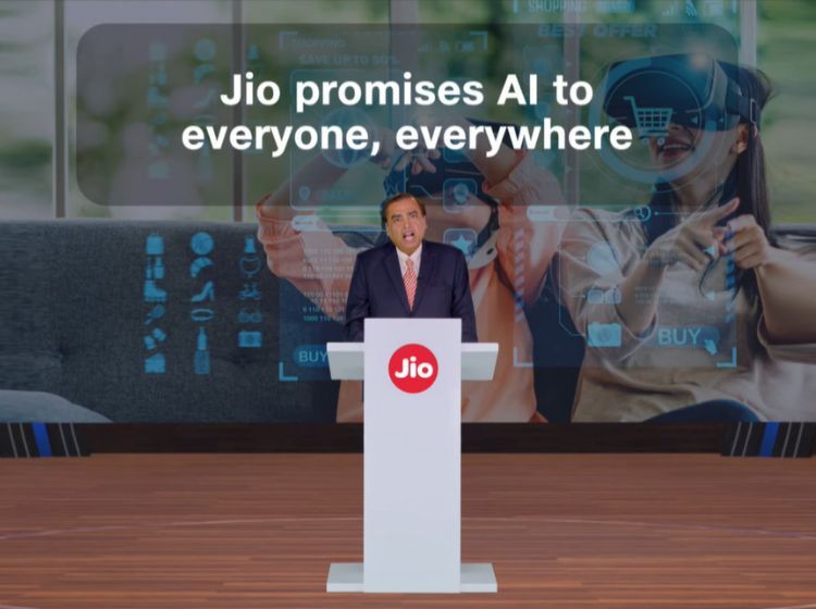 This image showcases Mukesh Ambani at the 46th AGM 2023