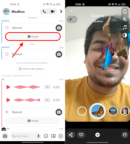 How to try butterflies lens on Snapchat from someone's snap