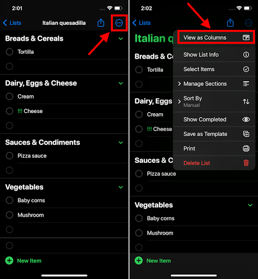 View as Columns option for shopping lists iOS 17