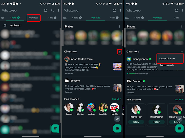 Where to find the Create channel option on WhatsApp