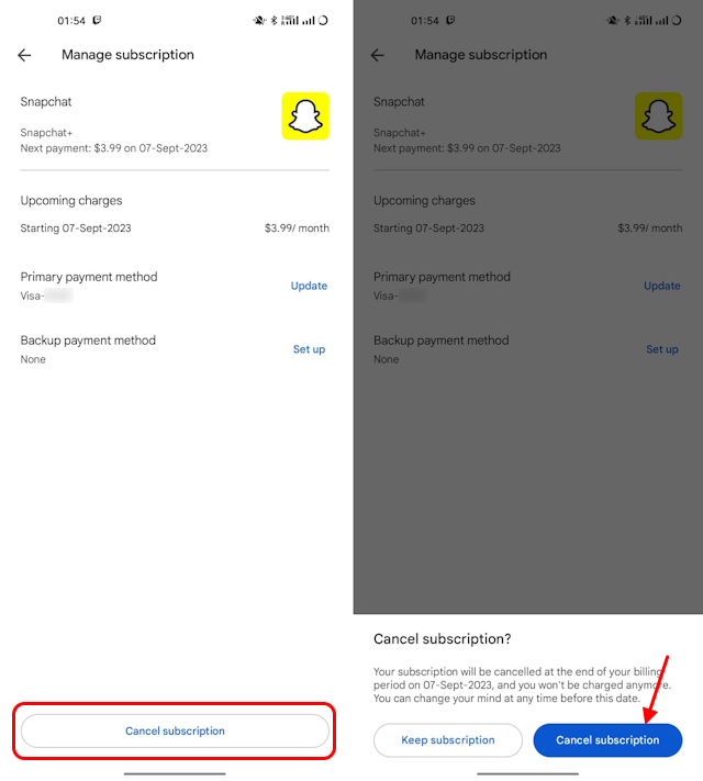 cancel snapchat subscription on Android