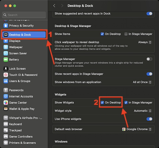 desktop & deck settings on Mac