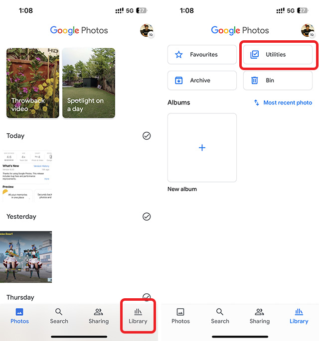 Tapping on "Utilities" in the Google Photos' Library section