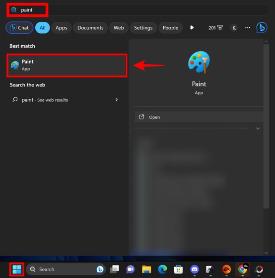 how to open paint app with windows 11 start menu