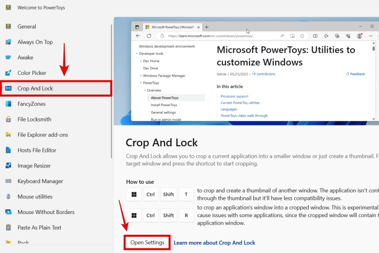 how to open powertoys crop and lock settings