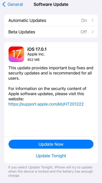 iOS 17.0.1 update