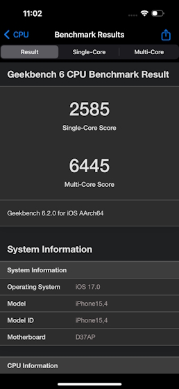 iPhone 15 Geekbench 6 score