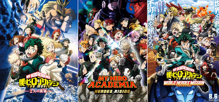 The posters of My Hero Academia Movies (2018, 2019, 2021)