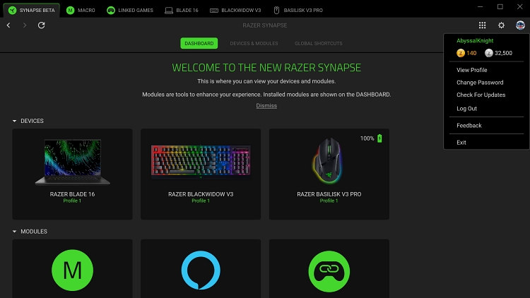 nouvelle interface utilisateur du logiciel Razer Synapse