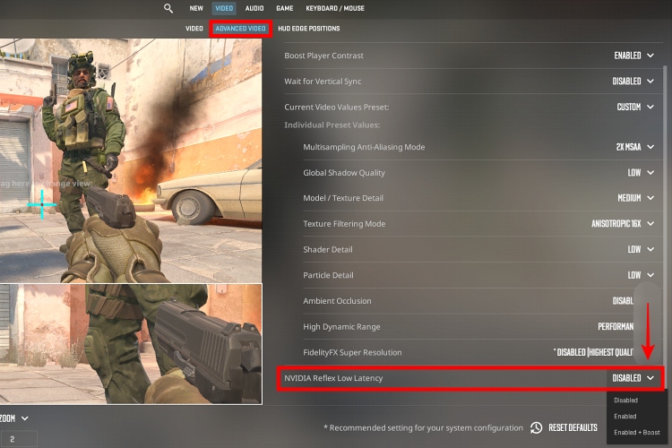 nvidia reflex setting in counter strike 2 cs2