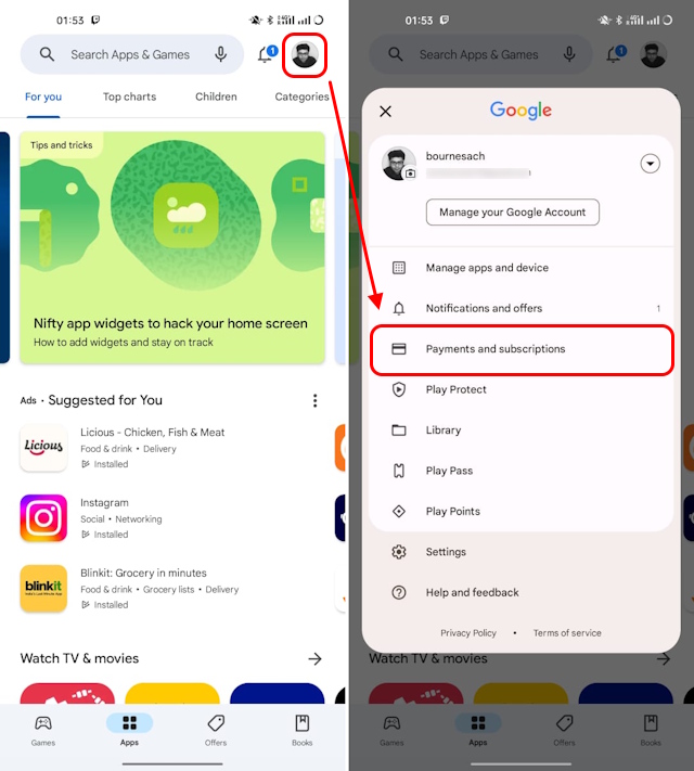 Payments and Subscription Screen in Google Play Store