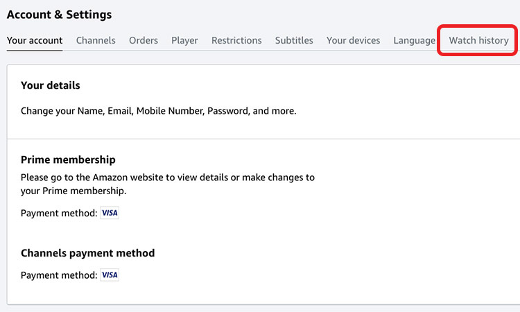 prime video watch history option highlighted
