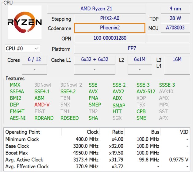 Ryzen Z1 codenamed as Phoenix 2 in HWInfo software