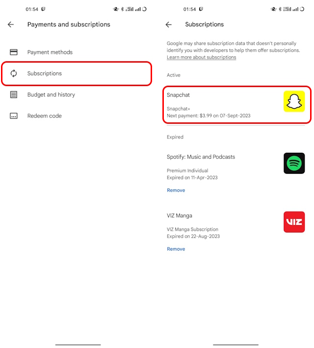 Snapchat Subscription in Play Store