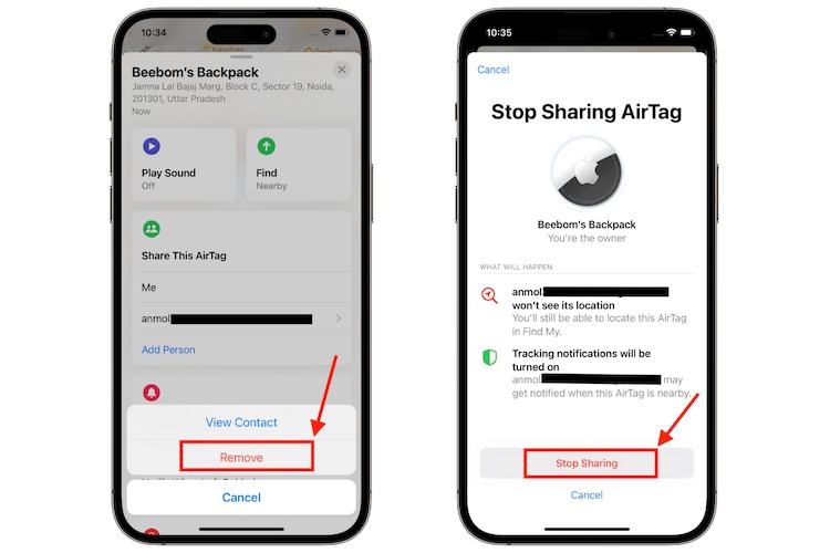 steps to stop AirTag sharing in iOS 17 on iPhone