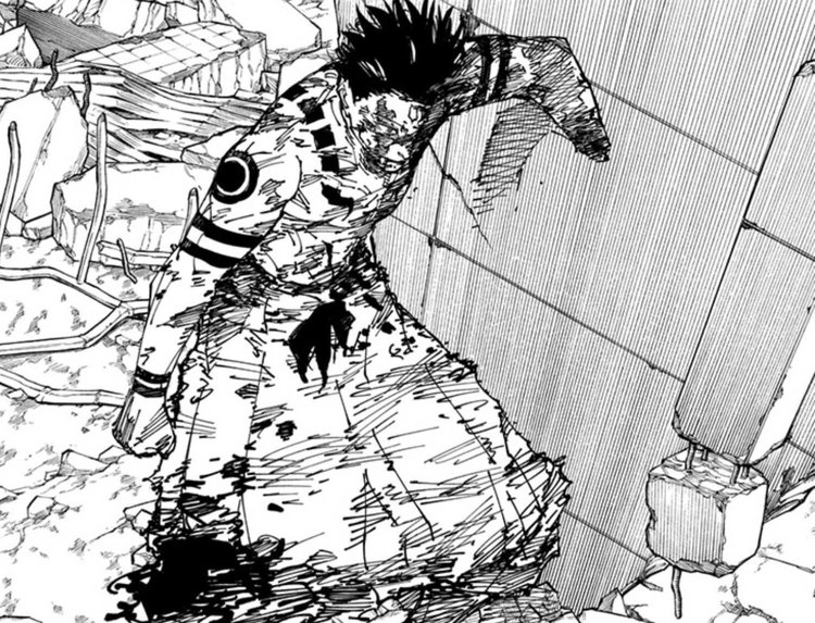 sukuna without an arm, heavily injured in his fight against gojo