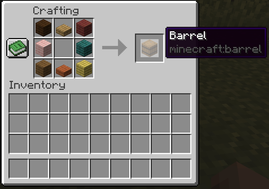 Completed crafting recipe for a barrel in Minecraft