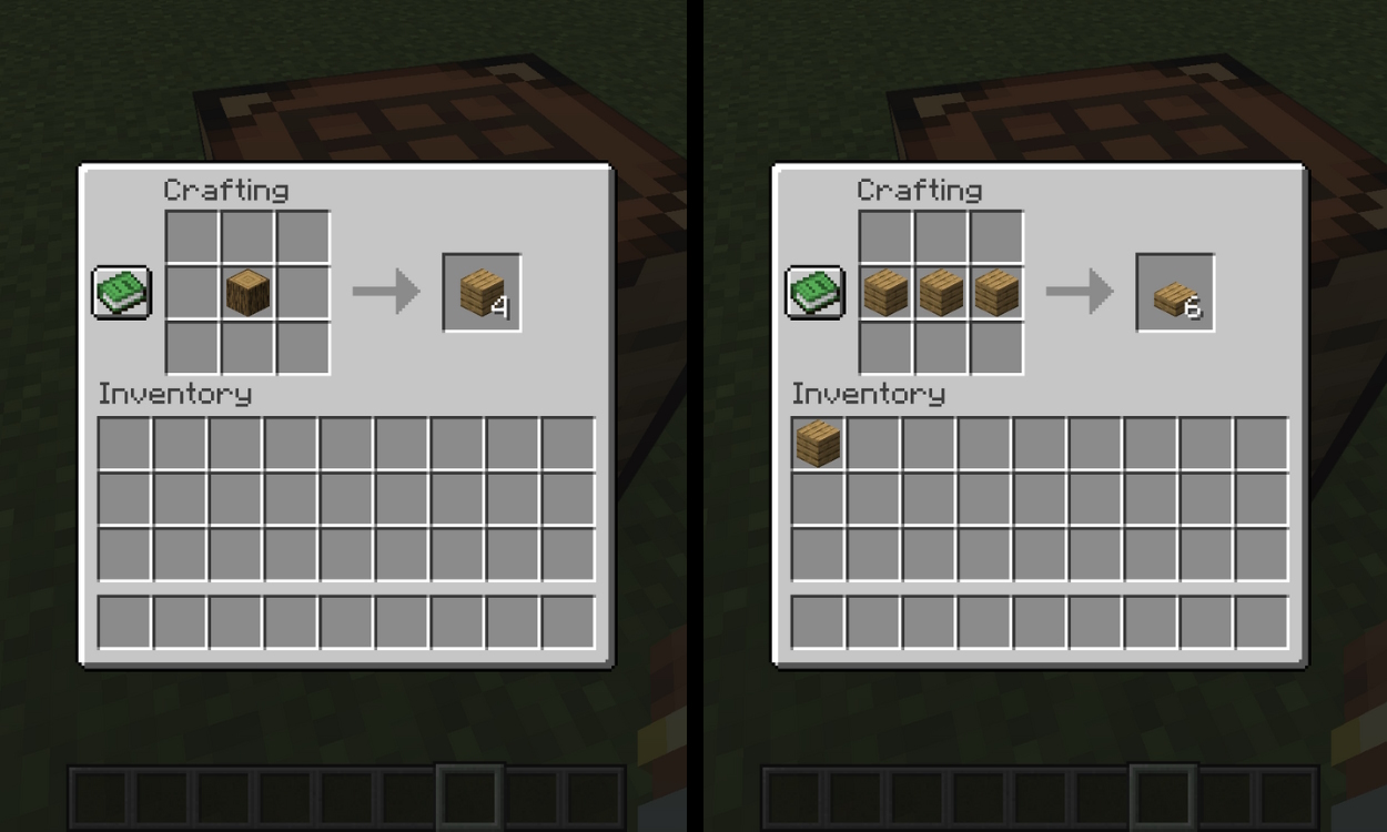 Crafting recipes for oak planks and oak slabs