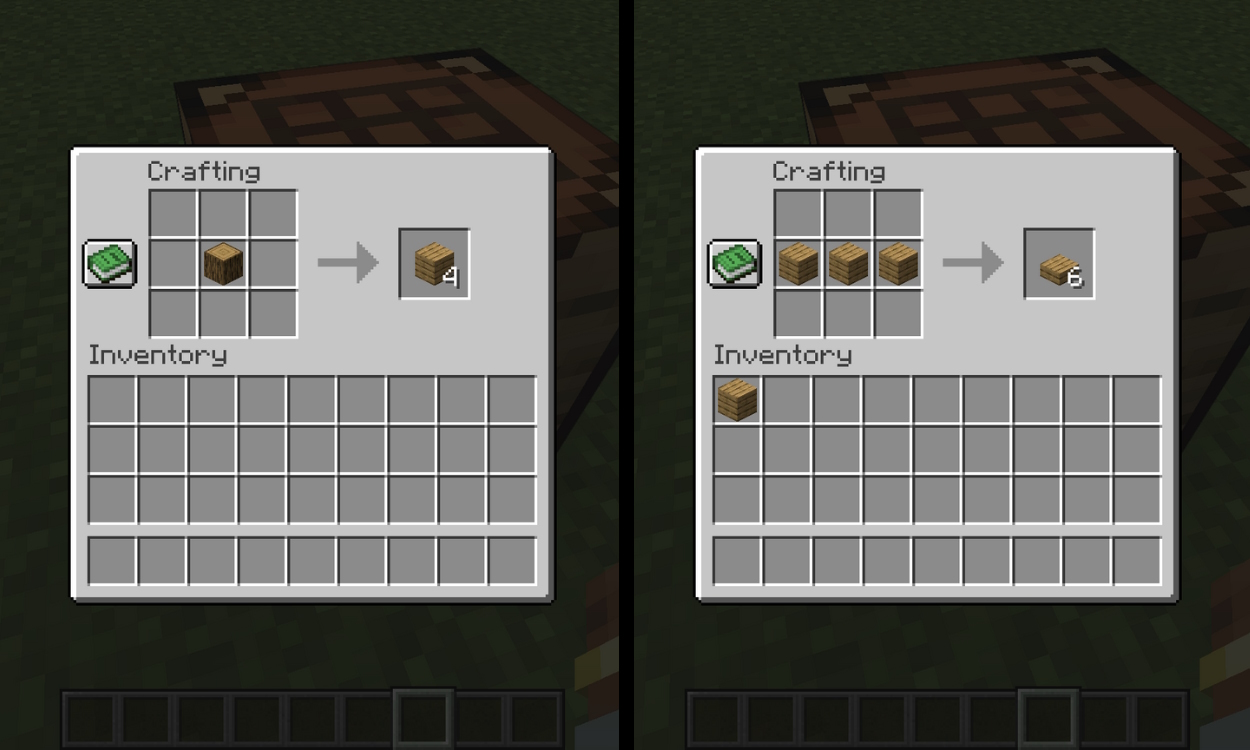Crafting recipes for oak planks and oak slabs