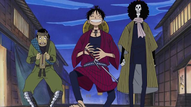 Luffy, Usopp and Brook in traditional Japanese outfits.
