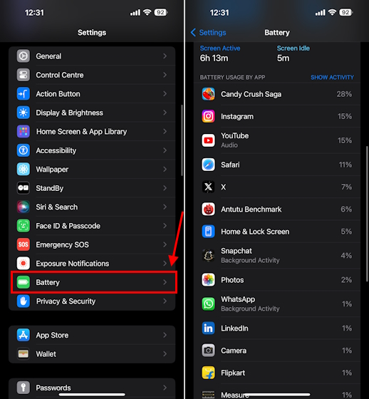 Check battery consumption by app on iPhone