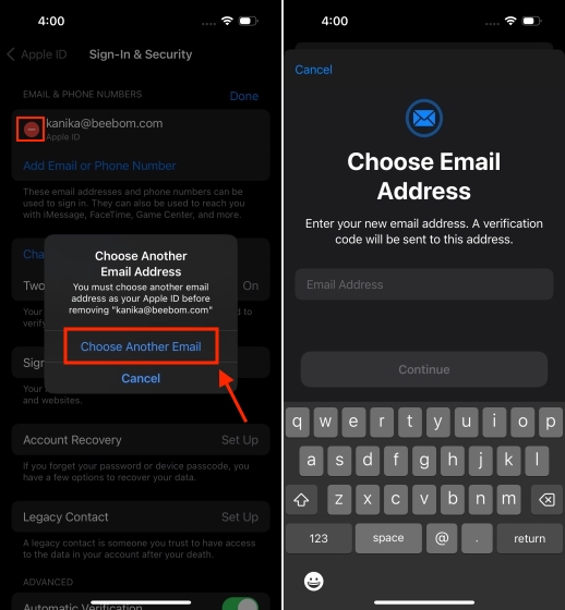 Choose a different email ID as Apple ID on iPhone