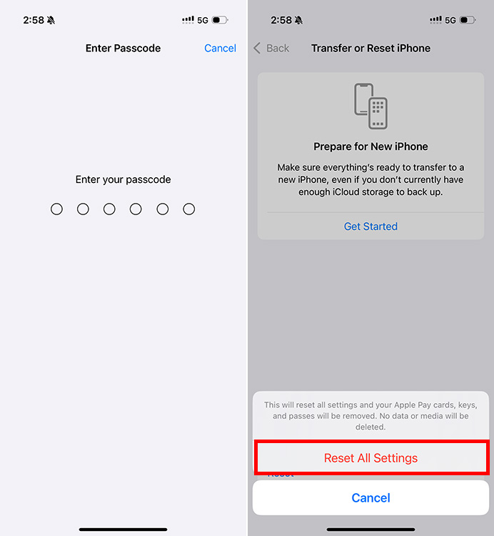 Screenshot of iPhone showing confirmation to reset all settings