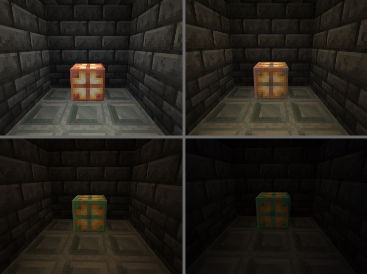 How to Make and Use a Copper Bulb in Minecraft 1.21 11 Copper bulbs at different oxidation states in a dark room