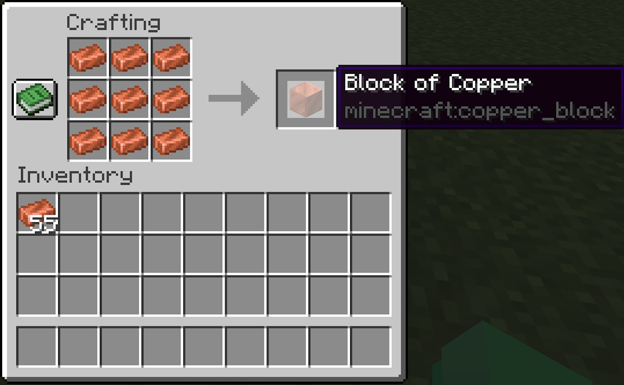 Crafting recipe for block of copper