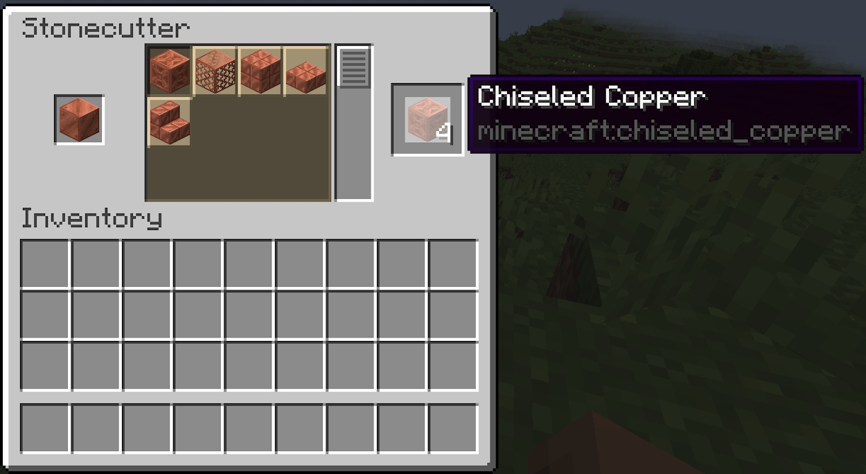 Crafting recipe for chiseled copper inside the stonecutter