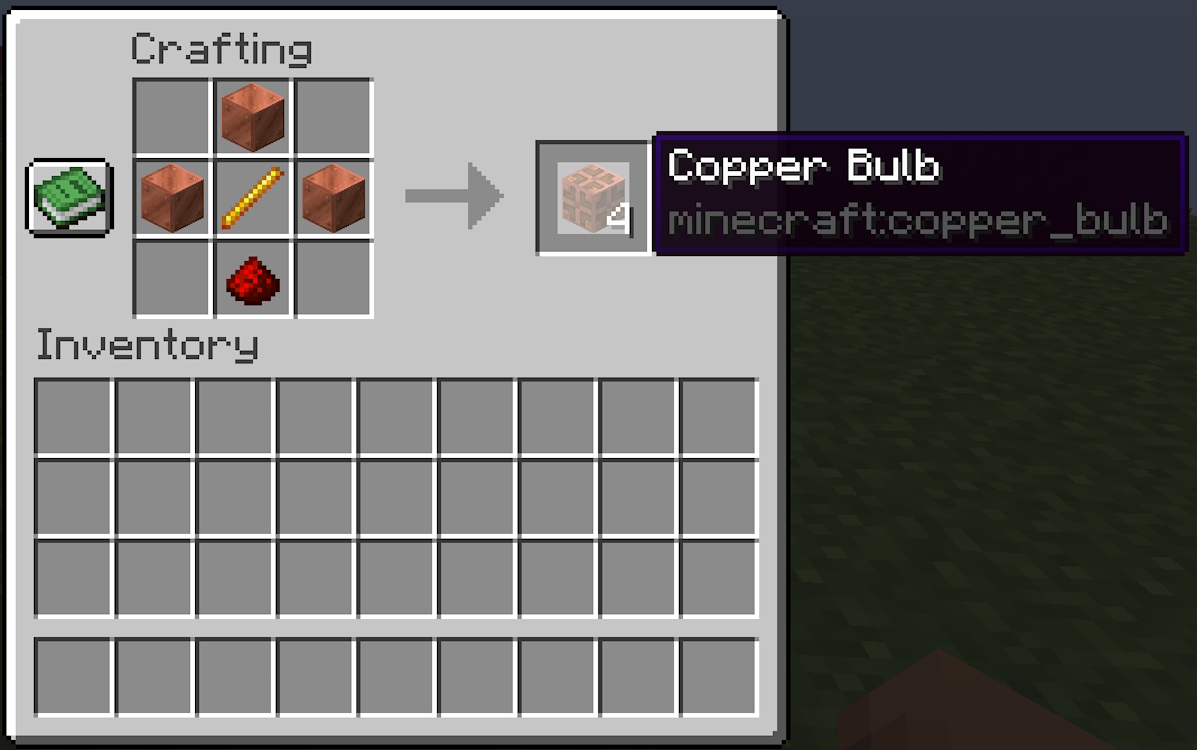 The crafting recipe of a copper bulb in Minecraft 1.21