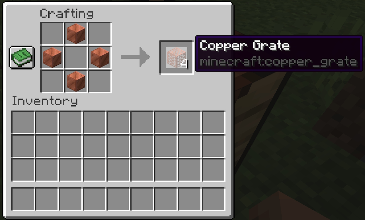 Crafting recipe for copper grate inside the crafting table