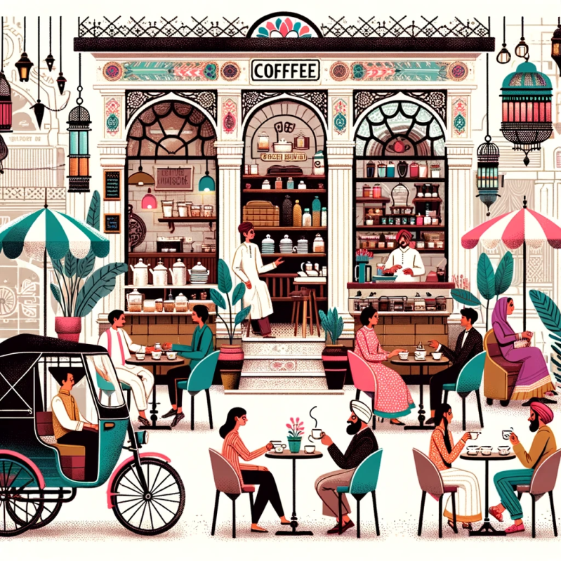 DALL·E 2023-10-16 13.00.51 – Illustration of a quaint coffee shop in Kolkata with a whimsical feel. The interiors are decorated with symmetrically placed tables, retro chairs, and