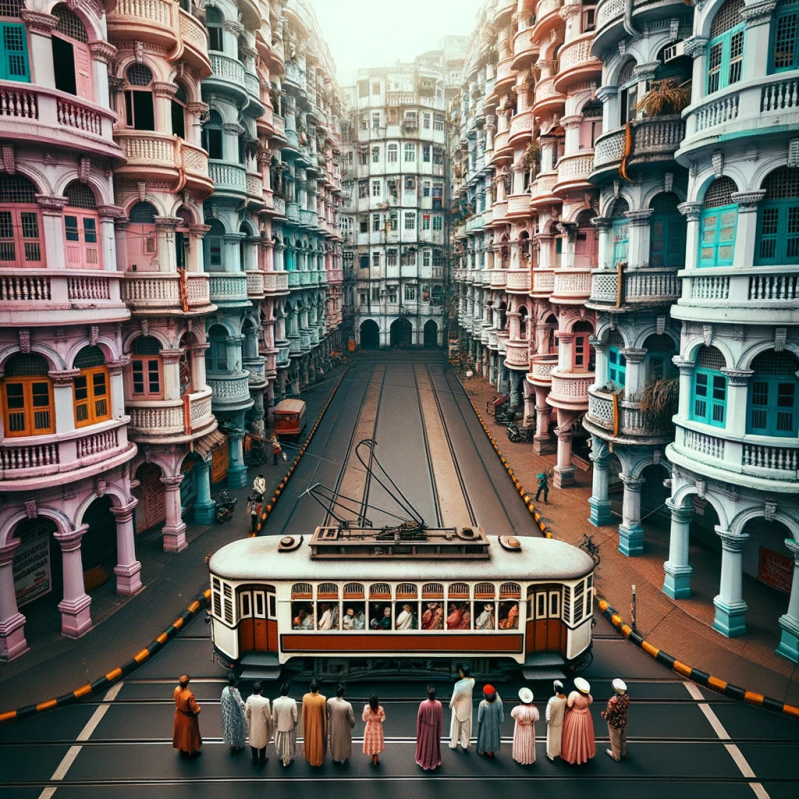 DALL·E 2023-10-16 13.50.39 – Photo of a tram passing through the streets of Kolkata, with pastel-colored buildings on both sides. The scene is symmetrically framed, with character