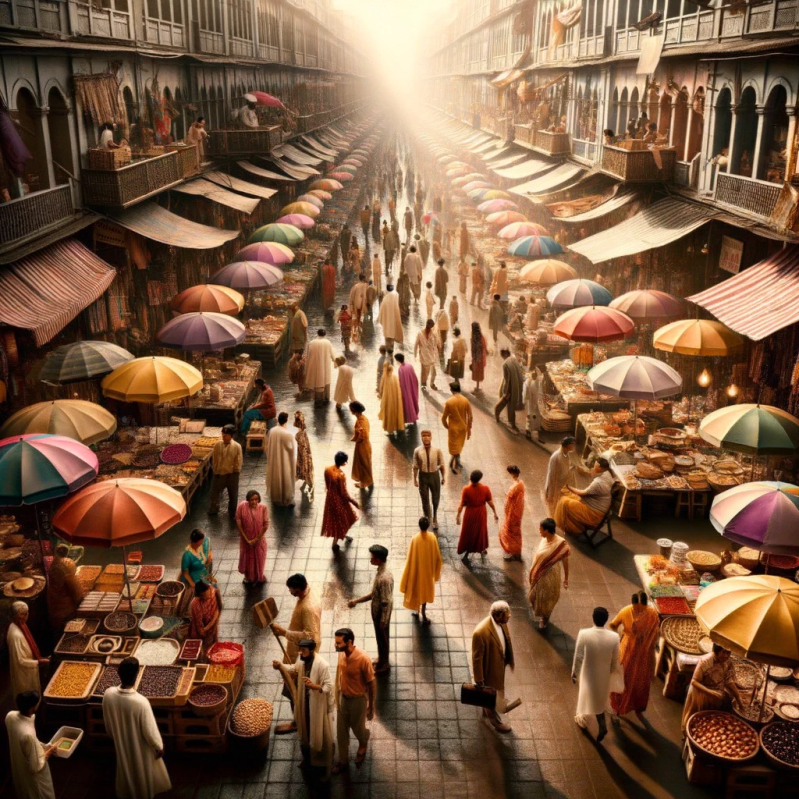 DALL·E 2023-10-16 13.50.41 – Photo of a busy Kolkata marketplace transformed into a Wes Anderson set. Stalls with colorful umbrellas, vendors selling diverse goods, and people of