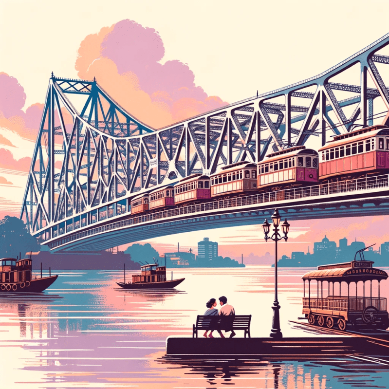 DALL·E 2023-10-16 13.50.42 – Illustration of the iconic Howrah Bridge in Kolkata, but with a twist. The bridge is painted in pastel shades, with vintage cars and trams passing by