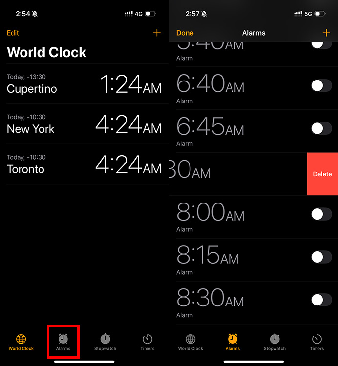 Deleting alarms on iPhone