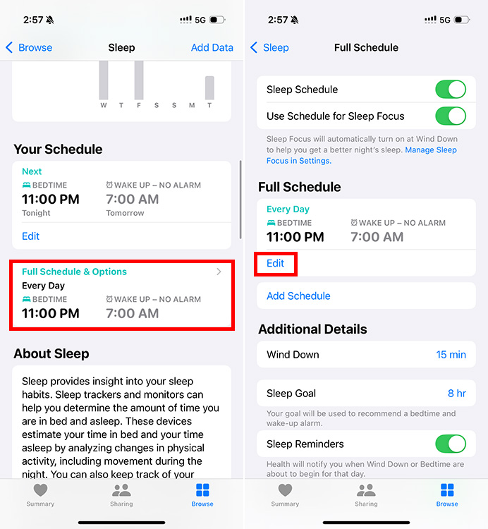 Edit the Sleep Schedule on iPhone from the Health app