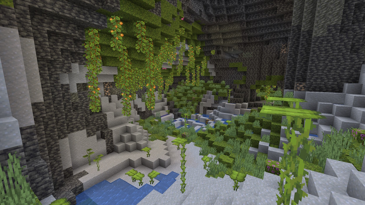 Biome de grotte luxuriante où les baies lumineuses poussent naturellement dans Minecraft