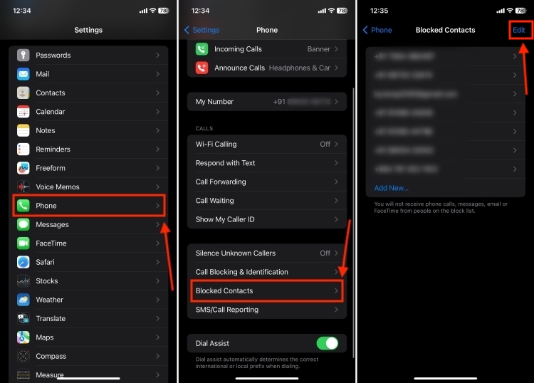 Go to blocked contacts in iPhone settings