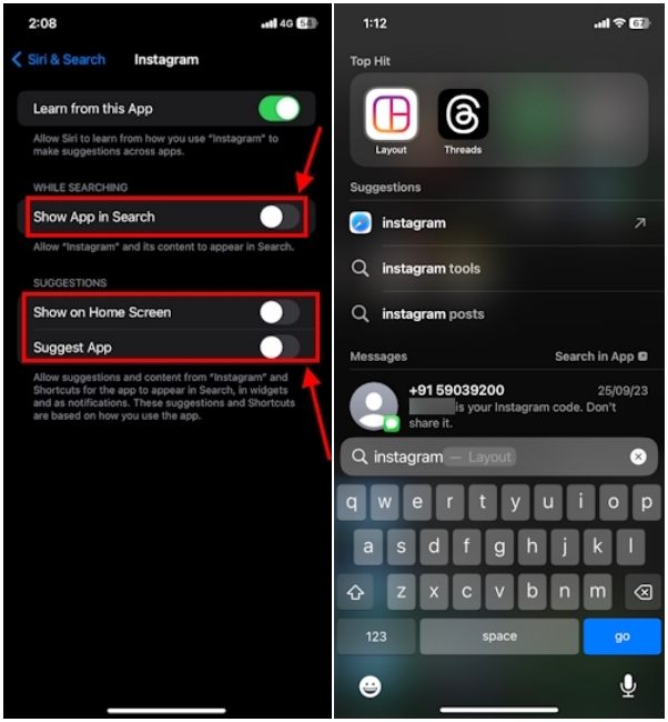 the process of hiding an app from iPhone search and Siri suggestions