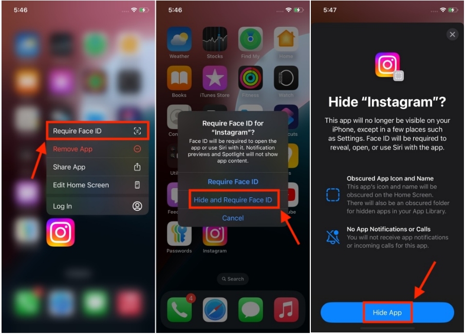 screenshots showing the process of hiding apps in iOS 18 on an iPhone