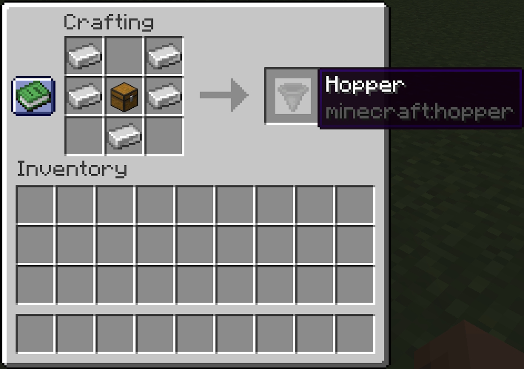 Crafting recipe for a hopper