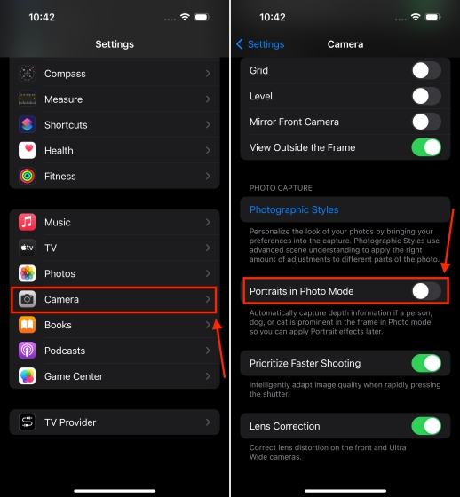 How to disable Portraits in Photo Mode feature on iPhone 15