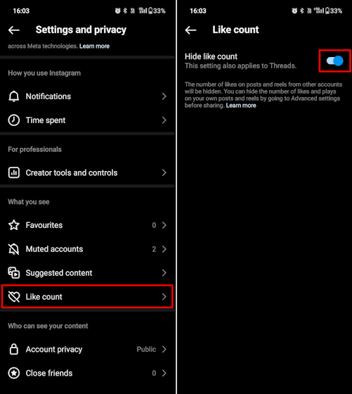 Toggling on Hide like count setting on Instagram