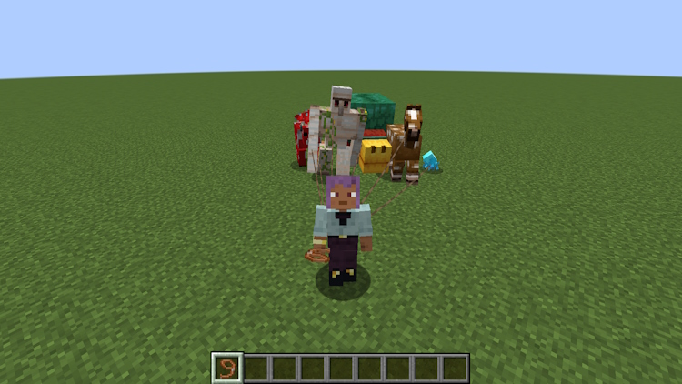 Lots of different mobs leashed and led by the player holding a lead in Minecraft